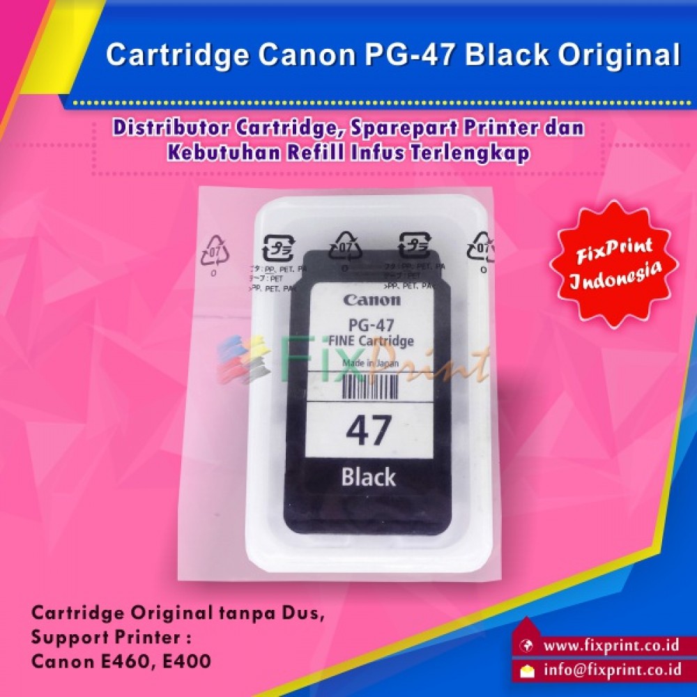 Cartridge LOOSEPACK PG-47 PG47 Black (Tanpa Box), Tinta Printer Canon E3170 E3177 E4270 E400 E410 E417 E460 E470 E477 E480 Canon Original